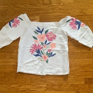 Ann Taylor Linen Shirt Blouse Cream Pink Floral Cross Stitch XS